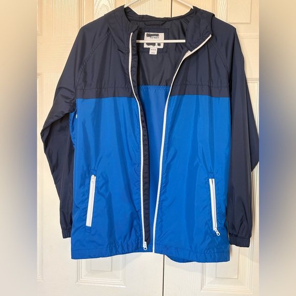 Old Navy Other - Old Navy Blue and Black Rain Jacket Windbreaker Hooded Full Zip Blue Size 14-16